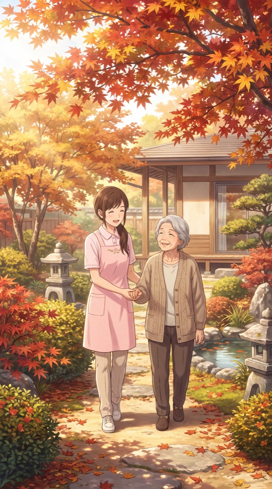 介護スタッフと高齢女性が庭を歩くアニメカット