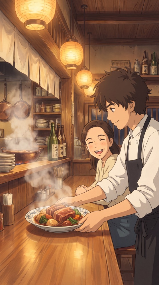 料理を提供するシェフのアニメカット